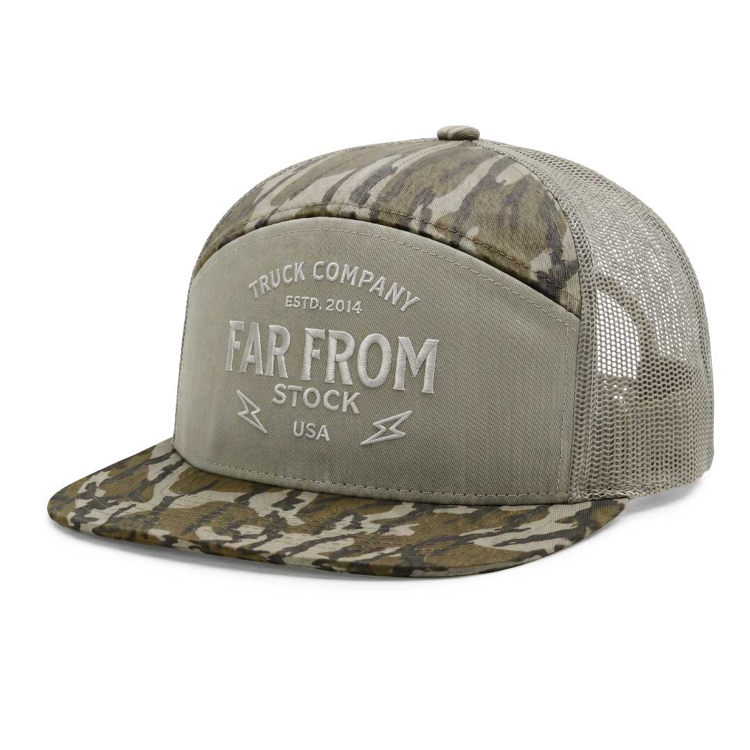 Camouflage and gray trucker hat with branding on a white background