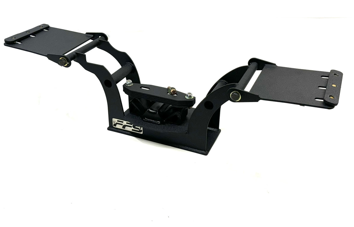 Black metal transmission crossmember designed for mounting a 47Re or 48re transmission in a vehicle.