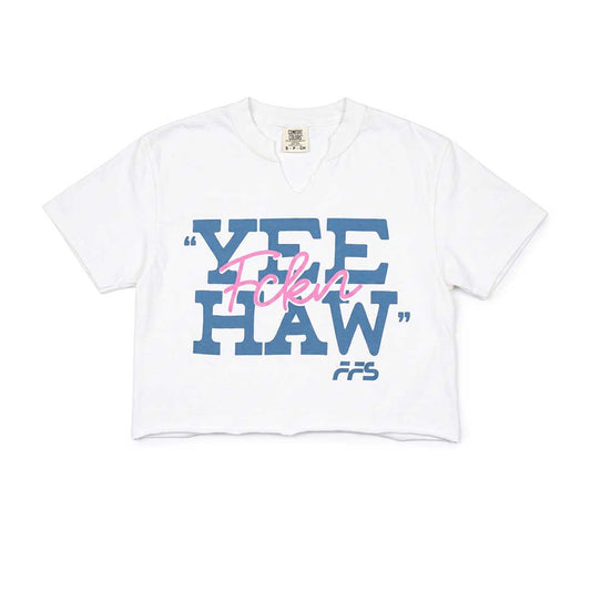 Yee Haw custom crop tee with western attitude, soft comfort, and country-inspired Far From Stock style.