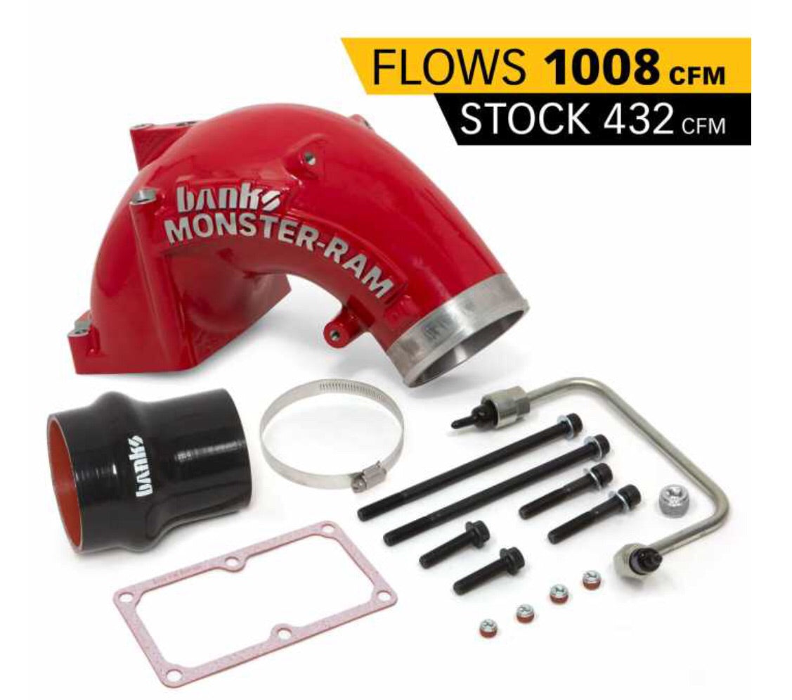 Monster-Ram Intake Elbow with Fuel Line and Hump Hose, 4 inch Red Powder Coated for use with 2007.5-2018 Dodge/Ram 2500/3500 6.7L